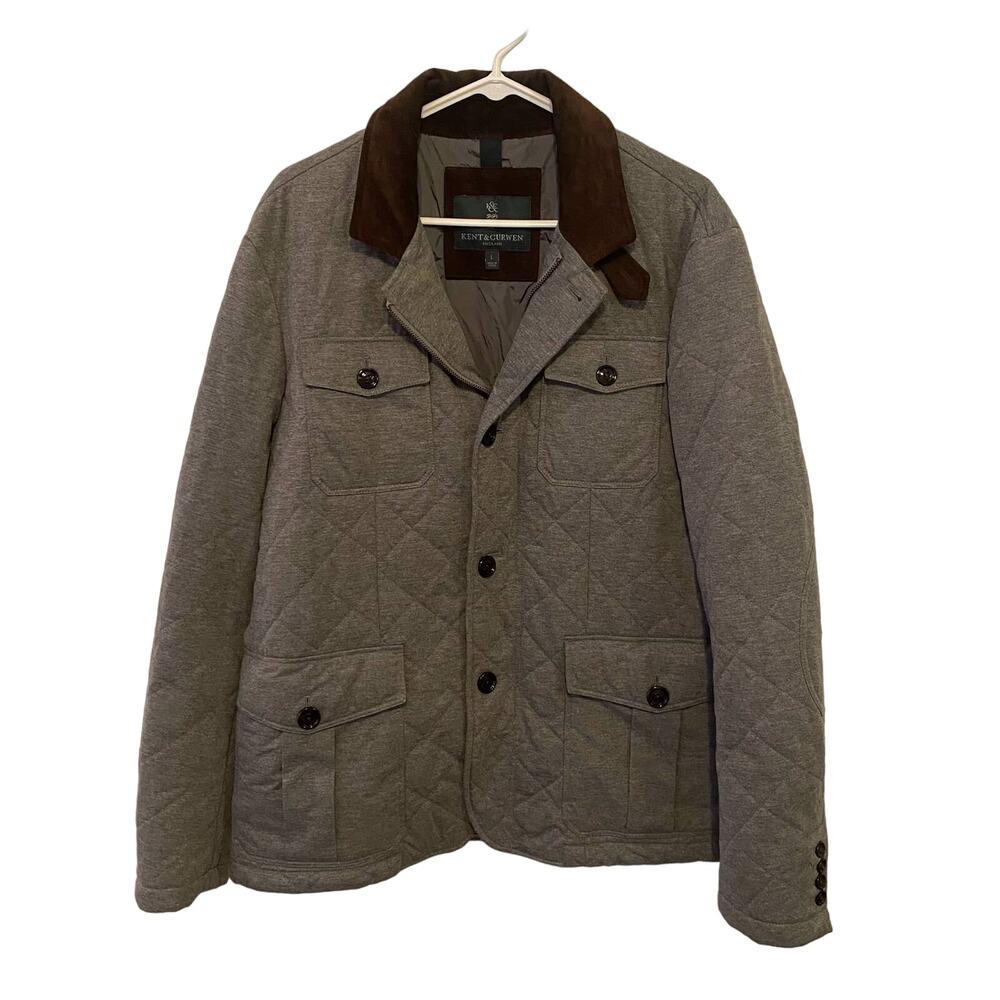 Kent & Curwen Men's Jacket 4 pocket Gray Quilted Brown Collar size L